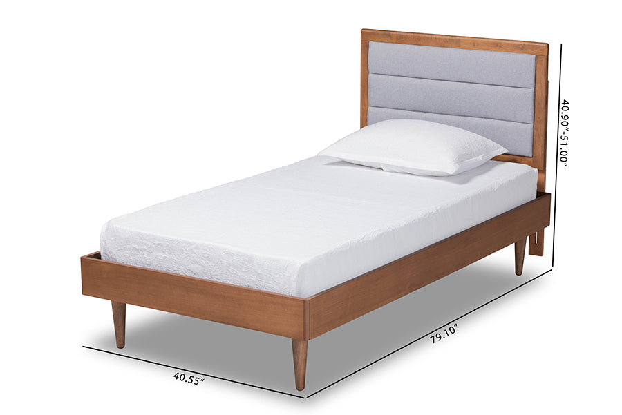 Baxton Studio Seren Mid-Century Modern Light Grey Fabric Upholstered and Walnut Brown Finished Wood Twin Size Platform Bed