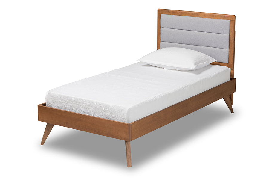 Baxton Studio Linn Mid-Century Modern Light Grey Fabric Upholstered and Walnut Brown Finished Wood Twin Size Platform Bed