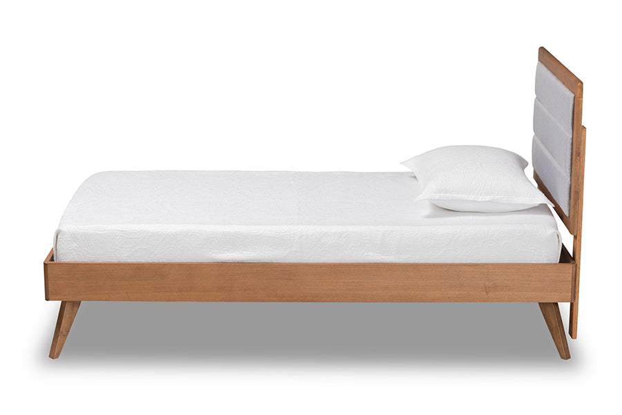 Baxton Studio Linn Mid-Century Modern Light Grey Fabric Upholstered and Walnut Brown Finished Wood Twin Size Platform Bed