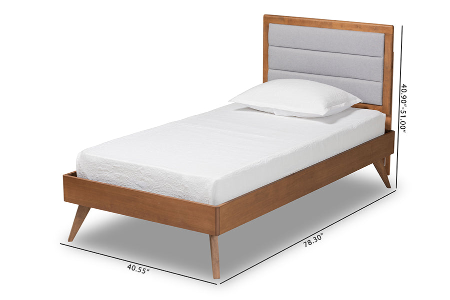 Baxton Studio Linn Mid-Century Modern Light Grey Fabric Upholstered and Walnut Brown Finished Wood Twin Size Platform Bed