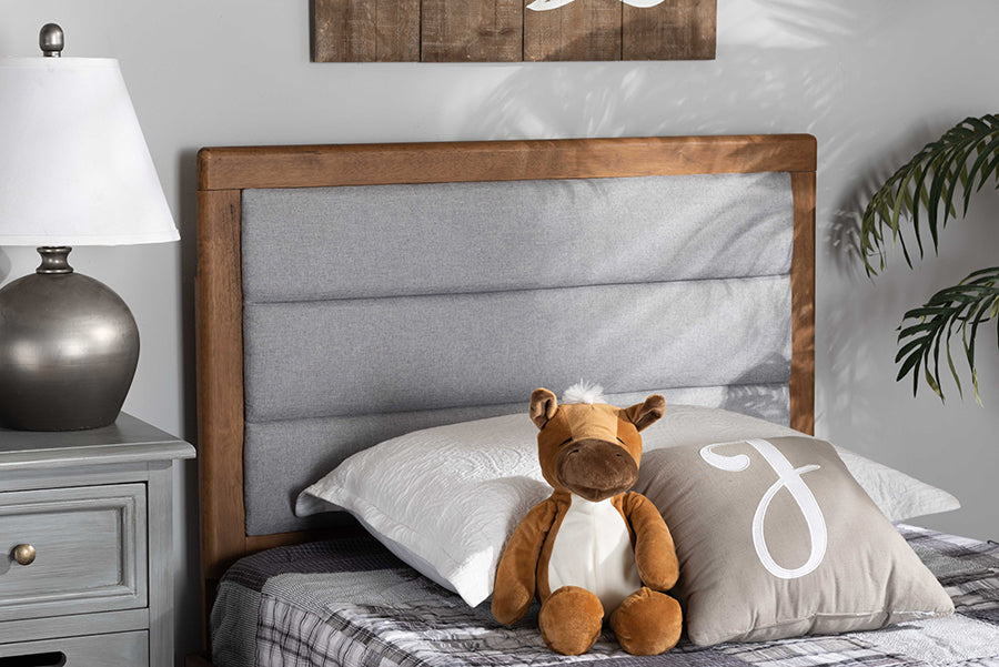 Baxton Studio Dexter Modern and Contemporary Light Grey Fabric Upholstered and Walnut Brown Finished Wood Twin Size Headboard