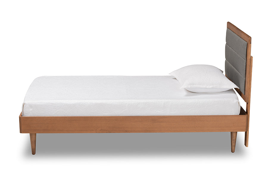 Baxton Studio Seren Mid-Century Modern Dark Grey Fabric Upholstered and Walnut Brown Finished Wood Twin Size Platform Bed