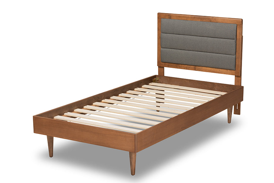 Baxton Studio Seren Mid-Century Modern Dark Grey Fabric Upholstered and Walnut Brown Finished Wood Twin Size Platform Bed