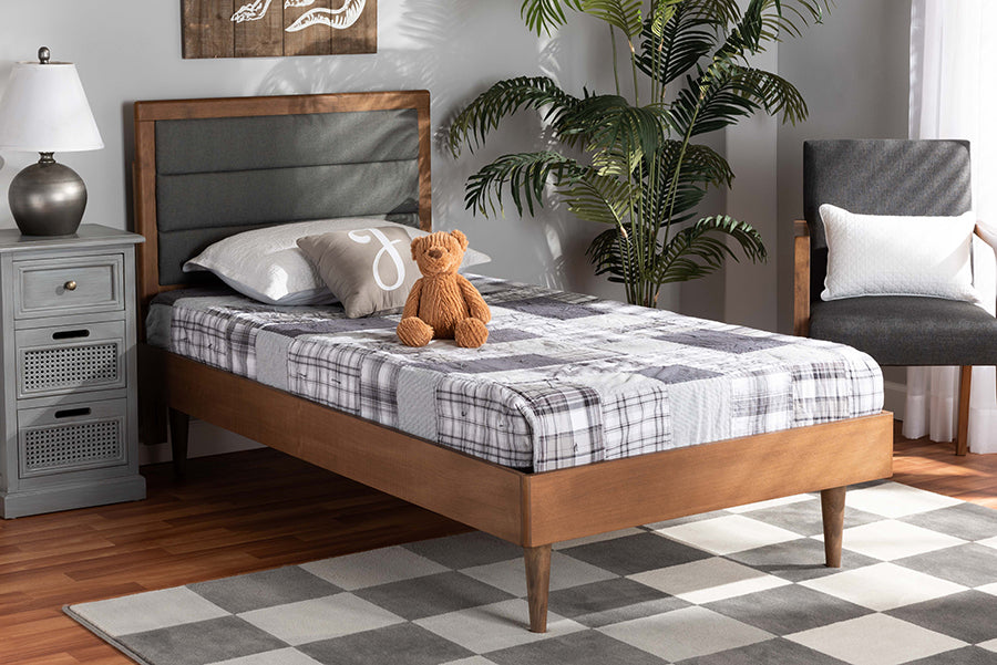 Baxton Studio Seren Mid-Century Modern Dark Grey Fabric Upholstered and Walnut Brown Finished Wood Twin Size Platform Bed