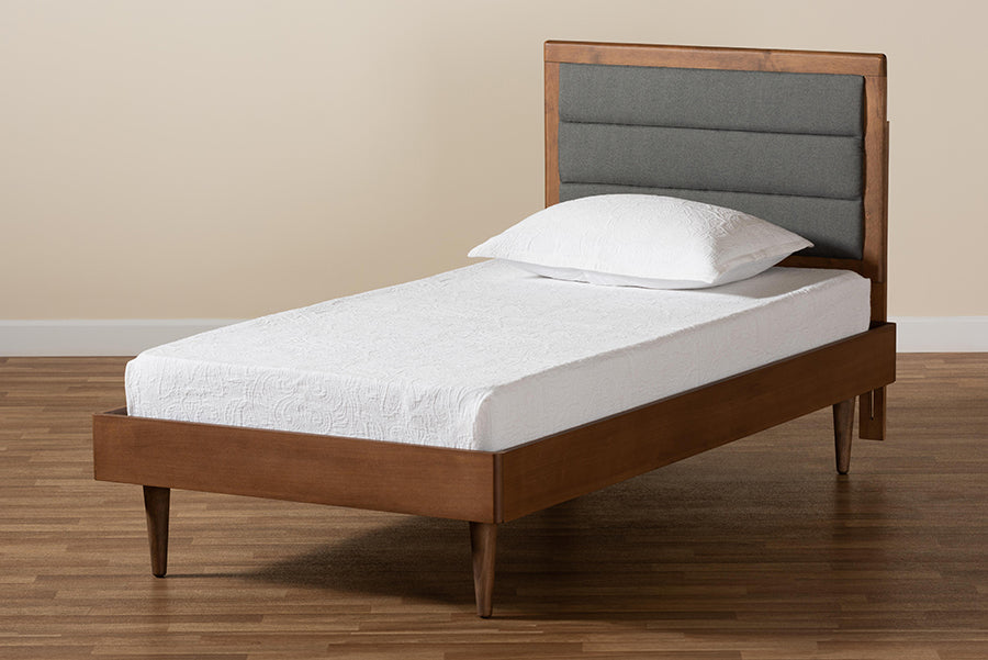 Baxton Studio Seren Mid-Century Modern Dark Grey Fabric Upholstered and Walnut Brown Finished Wood Twin Size Platform Bed