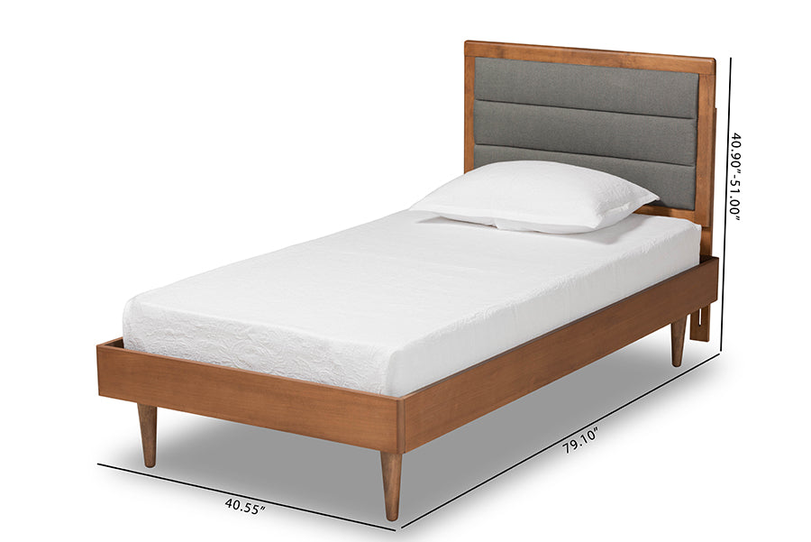 Baxton Studio Seren Mid-Century Modern Dark Grey Fabric Upholstered and Walnut Brown Finished Wood Twin Size Platform Bed