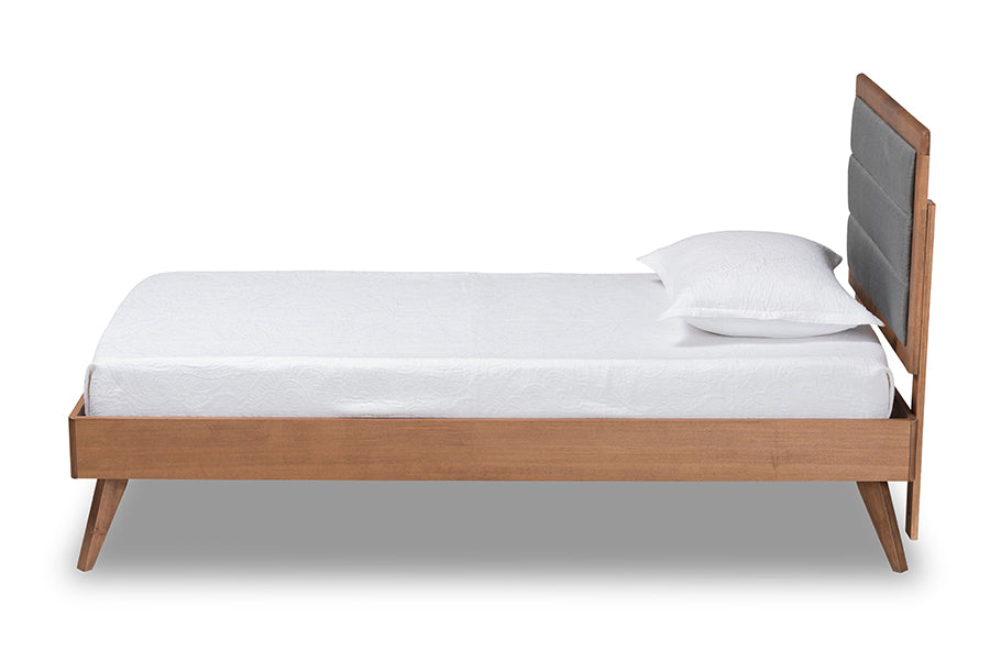 Baxton Studio Linn Mid-Century Modern Dark Grey Fabric Upholstered and Walnut Brown Finished Wood Twin Size Platform Bed