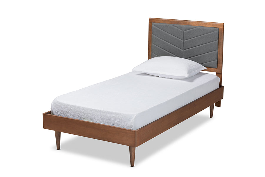 Baxton Studio Tasha Mid-Century Modern Dark Grey Fabric Upholstered and Walnut brown Finished Wood Twin Size Platform Bed