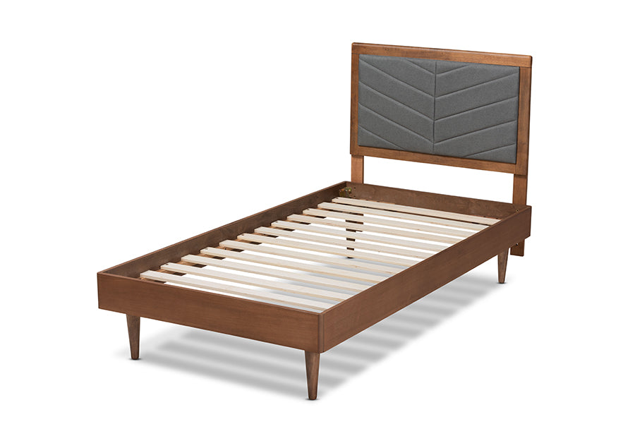 Baxton Studio Tasha Mid-Century Modern Dark Grey Fabric Upholstered and Walnut brown Finished Wood Twin Size Platform Bed