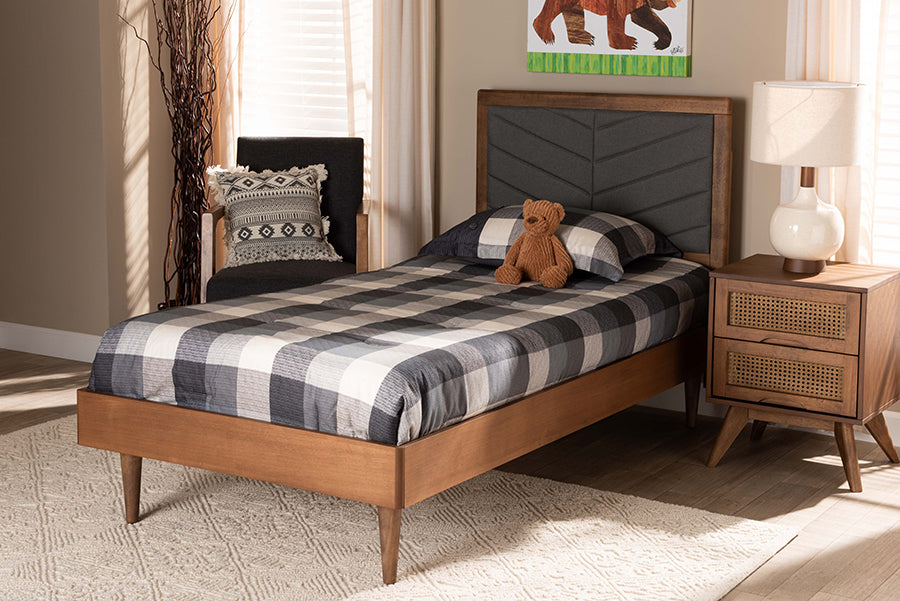 Baxton Studio Tasha Mid-Century Modern Dark Grey Fabric Upholstered and Walnut brown Finished Wood Twin Size Platform Bed