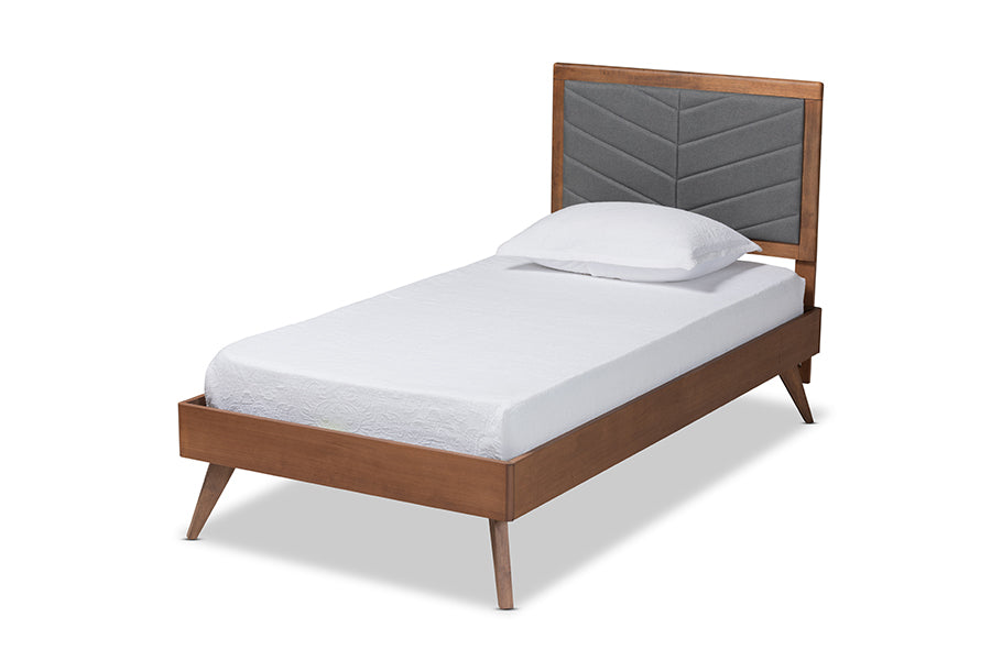 Baxton Studio Roze Mid-Century Modern Dark Grey Fabric Upholstered and Walnut brown Finished Wood Twin Size Platform Bed