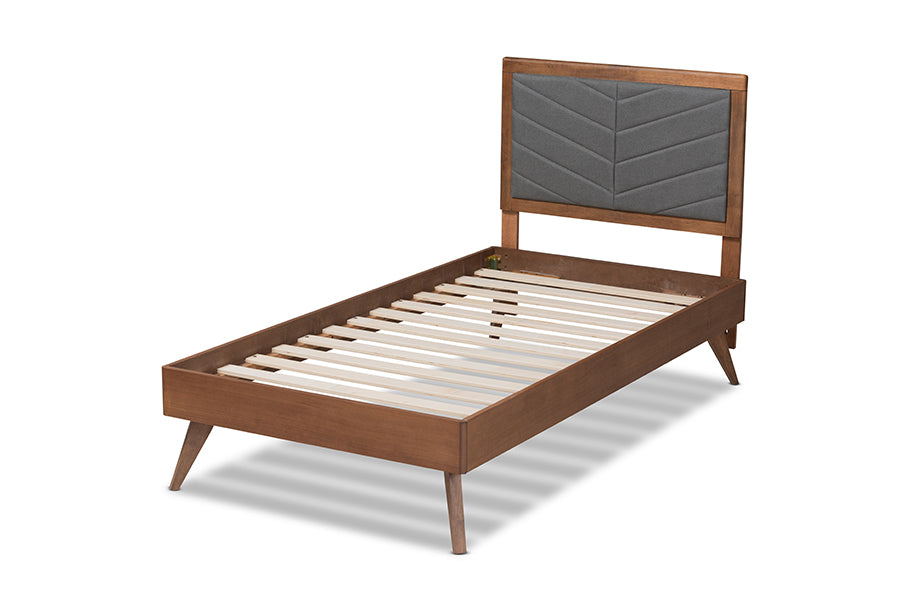 Baxton Studio Roze Mid-Century Modern Dark Grey Fabric Upholstered and Walnut brown Finished Wood Twin Size Platform Bed