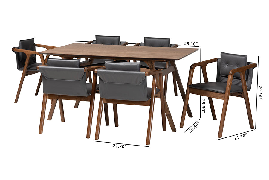 Marcena Mid-Century Modern Grey Imitation Leather Upholstered and Walnut Brown Finished Wood 7-Piece Dining Set