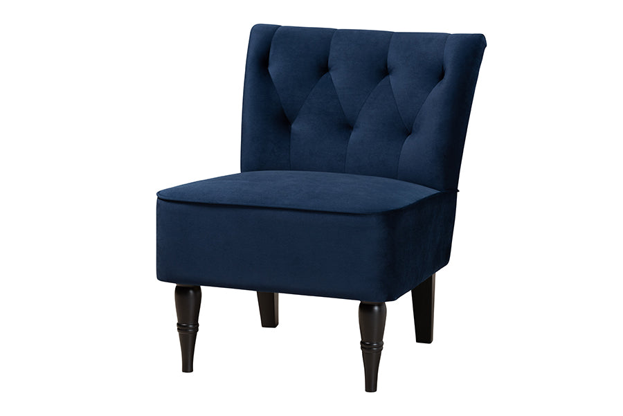 Baxton Studio Harmon Modern and Contemporary Transitional Navy Blue Velvet Fabric Upholstered and Black Finished Wood Accent Chair