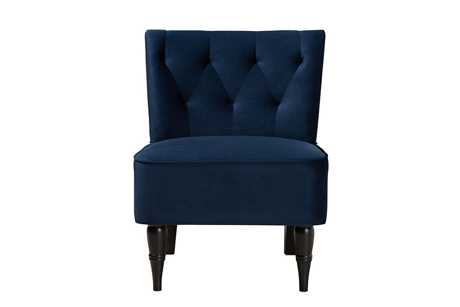 Baxton Studio Harmon Modern and Contemporary Transitional Navy Blue Velvet Fabric Upholstered and Black Finished Wood Accent Chair
