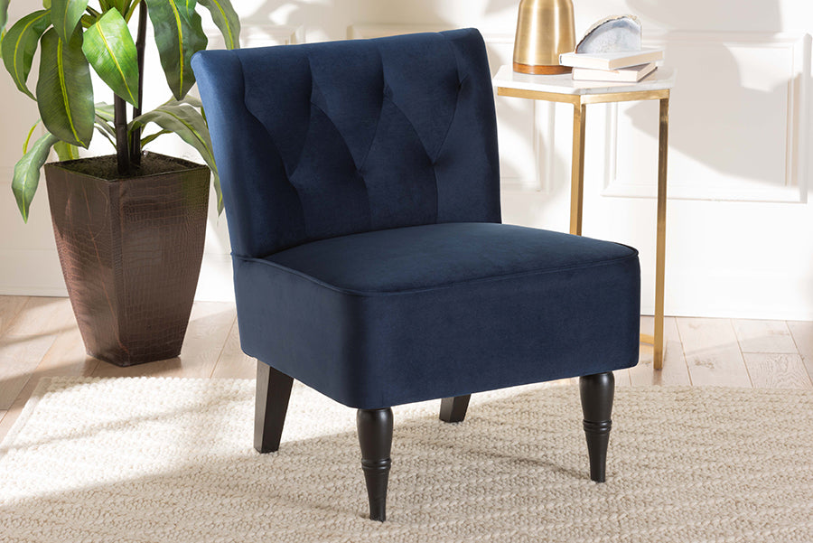 Baxton Studio Harmon Modern and Contemporary Transitional Navy Blue Velvet Fabric Upholstered and Black Finished Wood Accent Chair