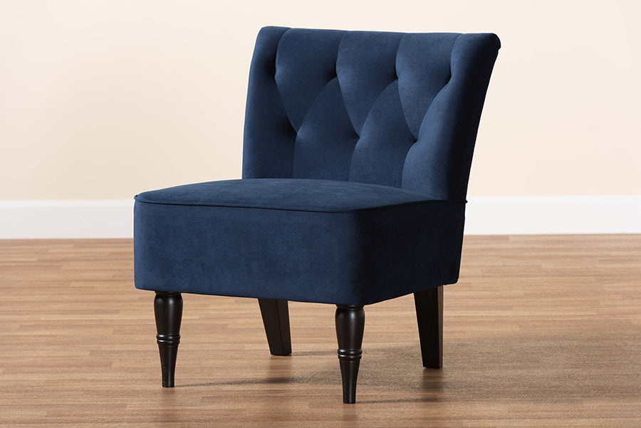 Baxton Studio Harmon Modern and Contemporary Transitional Navy Blue Velvet Fabric Upholstered and Black Finished Wood Accent Chair