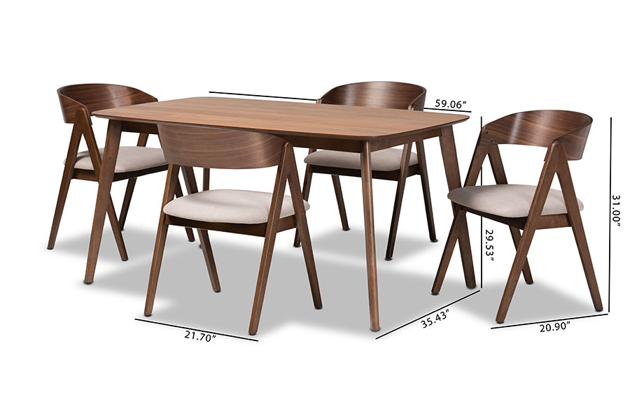 Baxton Studio Danton Mid-Century Modern Beige Fabric Upholstered and Walnut Brown Finished Wood 5-Piece Dining Set