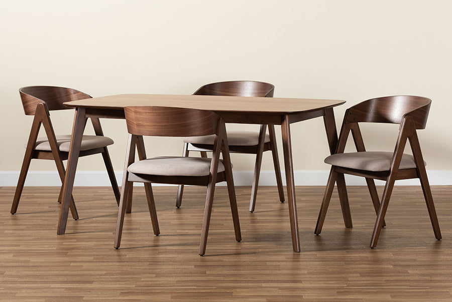 Baxton Studio Danton Mid-Century Modern Beige Fabric Upholstered and Walnut Brown Finished Wood 5-Piece Dining Set