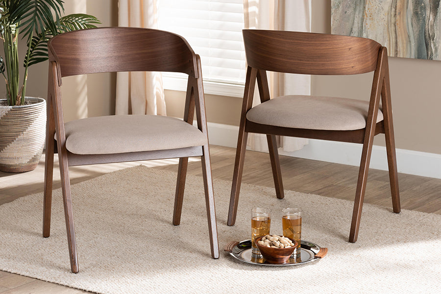 Baxton Studio Danton Mid-Century Modern Beige Fabric Upholstered and Walnut Brown Finished Wood 2-Piece Dining Chair Set