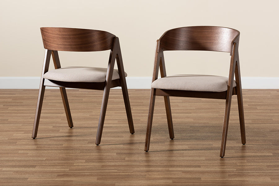Baxton Studio Danton Mid-Century Modern Beige Fabric Upholstered and Walnut Brown Finished Wood 2-Piece Dining Chair Set