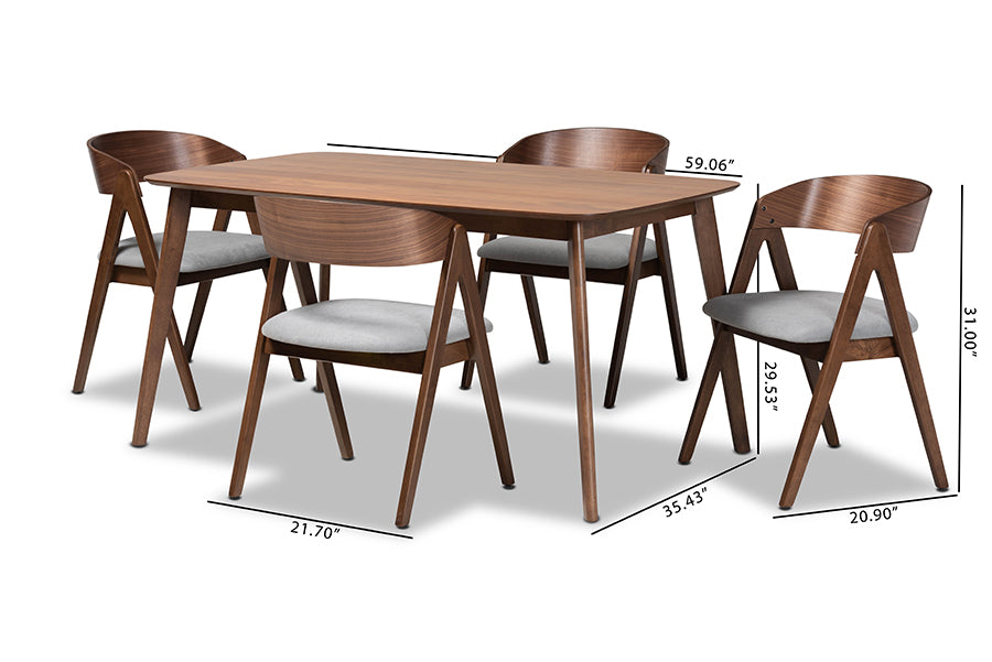 Baxton Studio Danton Mid-Century Modern Grey Fabric Upholstered and Walnut Brown Finished Wood 5-Piece Dining Set