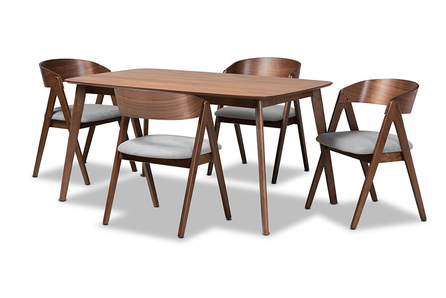 Baxton Studio Danton Mid-Century Modern Grey Fabric Upholstered and Walnut Brown Finished Wood 5-Piece Dining Set