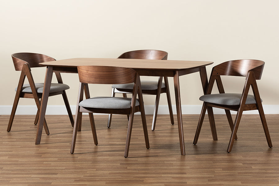 Baxton Studio Danton Mid-Century Modern Grey Fabric Upholstered and Walnut Brown Finished Wood 5-Piece Dining Set