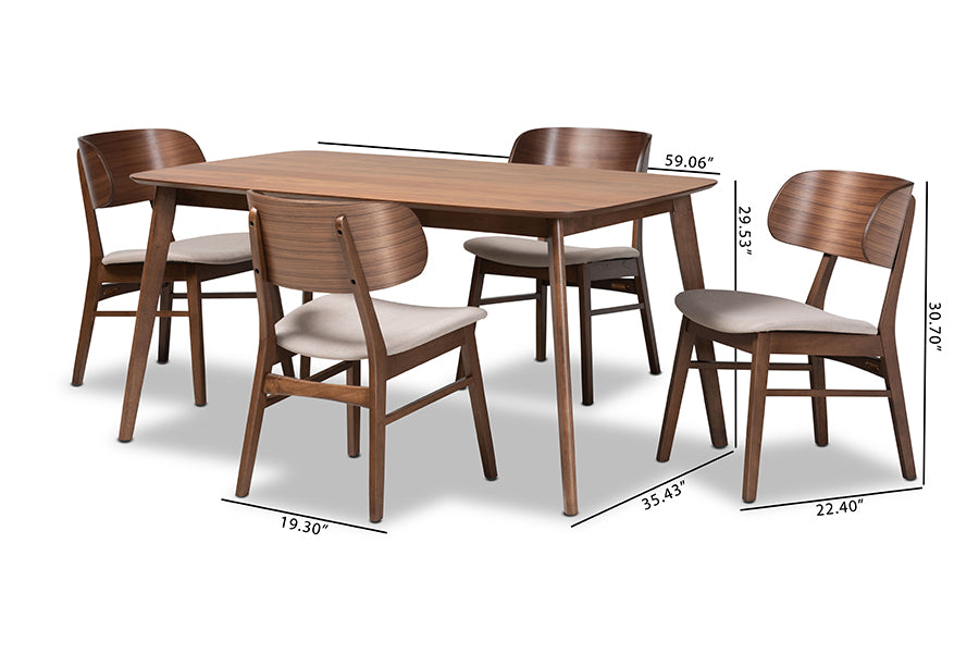 Baxton Studio Alston Mid-Century Modern Beige Fabric Upholstered and Walnut Brown Finished Wood 5-Piece Dining Set