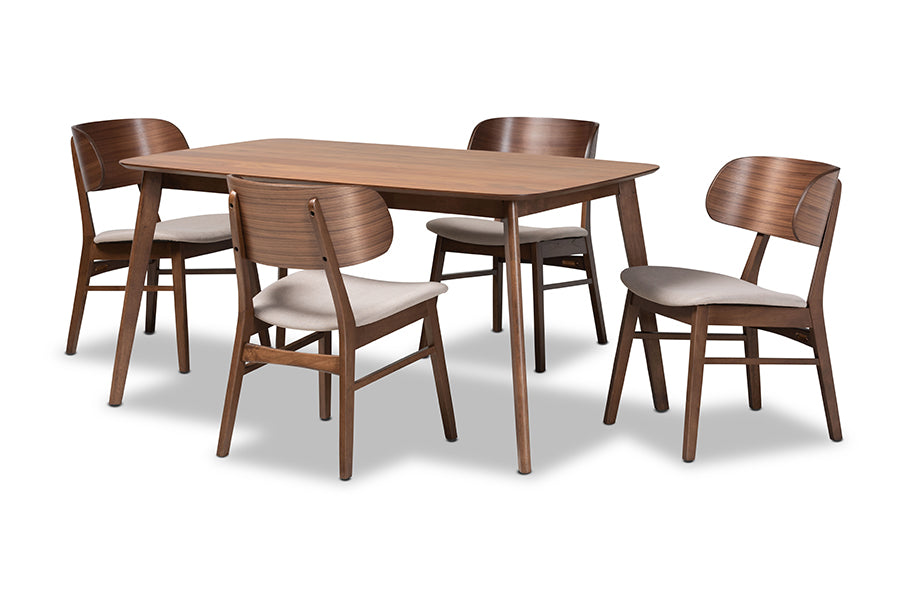 Baxton Studio Alston Mid-Century Modern Beige Fabric Upholstered and Walnut Brown Finished Wood 5-Piece Dining Set
