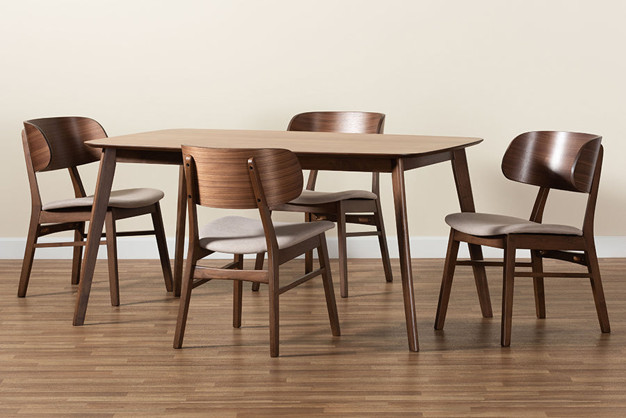 Baxton Studio Alston Mid-Century Modern Beige Fabric Upholstered and Walnut Brown Finished Wood 5-Piece Dining Set