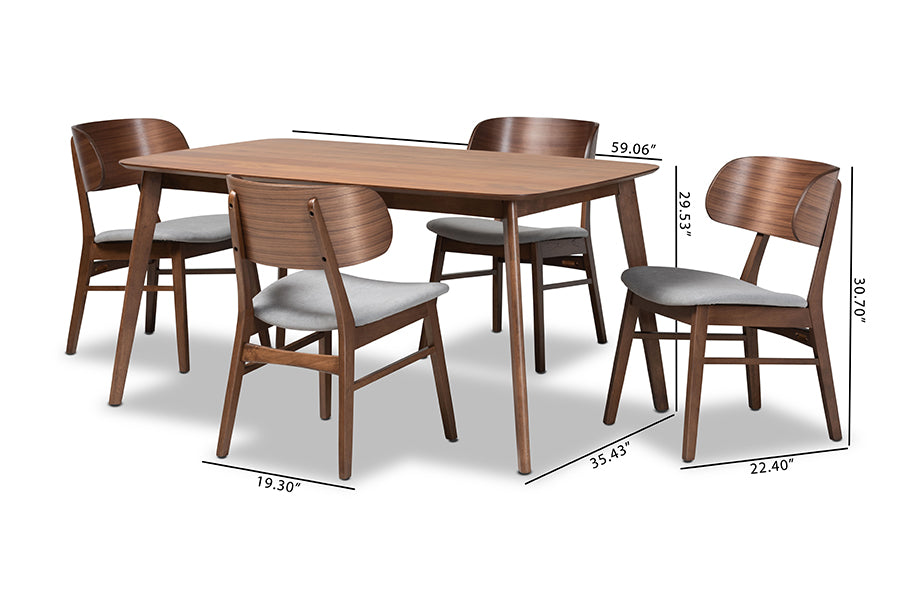Baxton Studio Alston Mid-Century Modern Grey Fabric Upholstered and Walnut Brown Finished Wood 5-Piece Dining Set