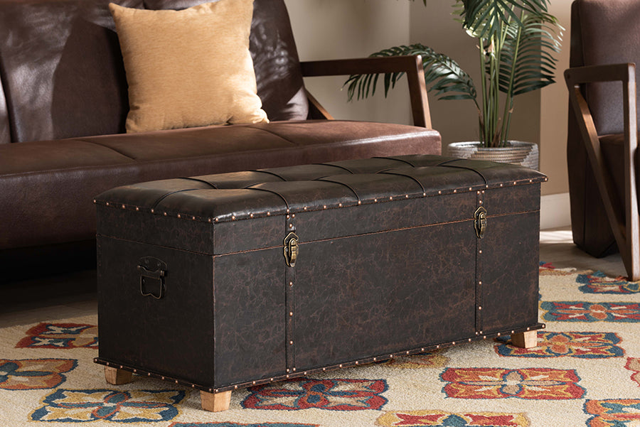 Baxton Studio Janna Rustic Transitional Dark Brown Faux Leather Upholstered and Oak Brown Finished Wood Storage Ottoman