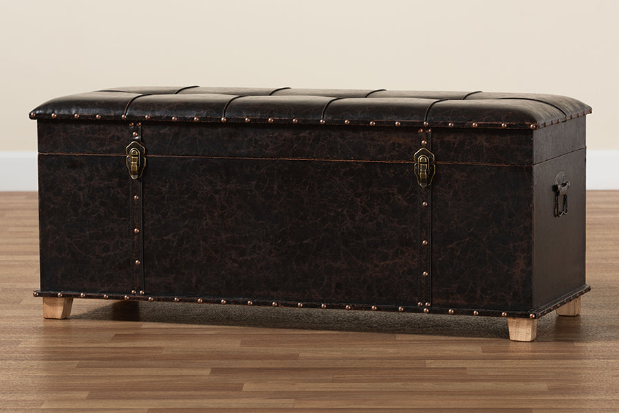 Baxton Studio Janna Rustic Transitional Dark Brown Faux Leather Upholstered and Oak Brown Finished Wood Storage Ottoman