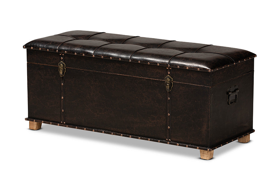 Baxton Studio Janna Rustic Transitional Dark Brown Faux Leather Upholstered and Oak Brown Finished Wood Storage Ottoman