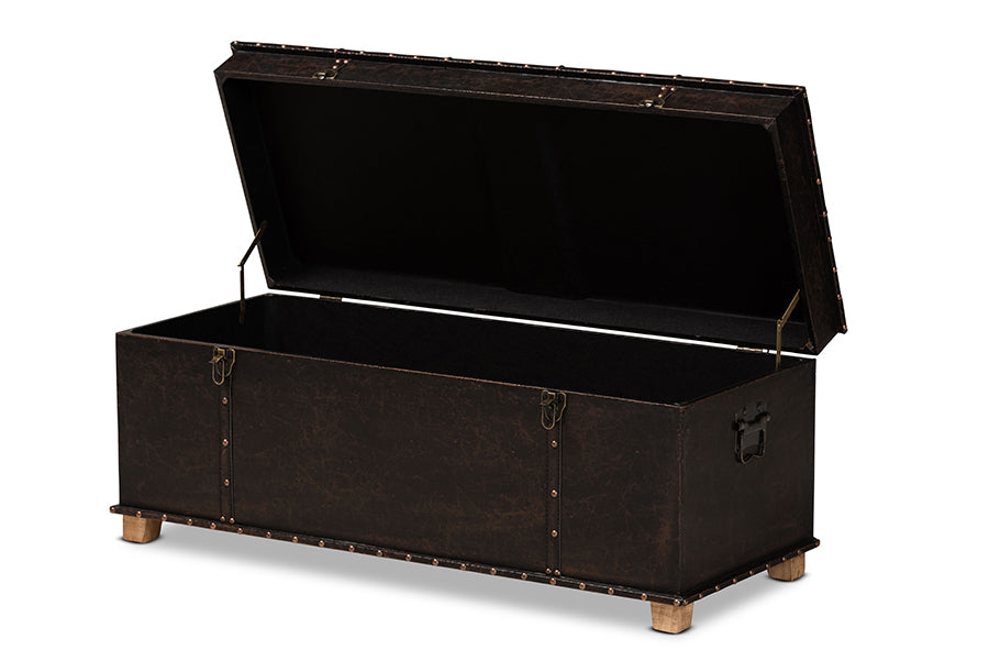 Baxton Studio Janna Rustic Transitional Dark Brown Faux Leather Upholstered and Oak Brown Finished Wood Storage Ottoman