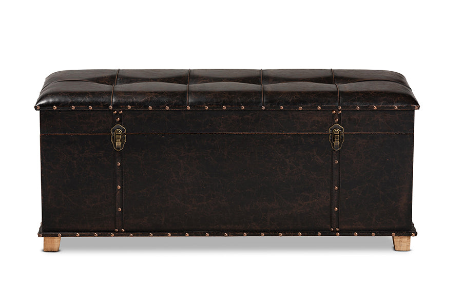 Baxton Studio Janna Rustic Transitional Dark Brown Faux Leather Upholstered and Oak Brown Finished Wood Storage Ottoman