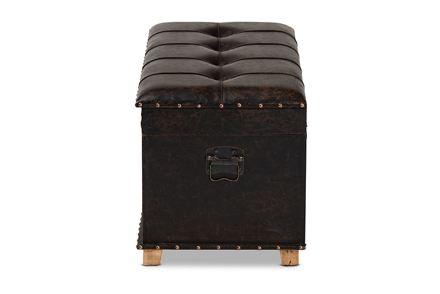 Baxton Studio Janna Rustic Transitional Dark Brown Faux Leather Upholstered and Oak Brown Finished Wood Storage Ottoman