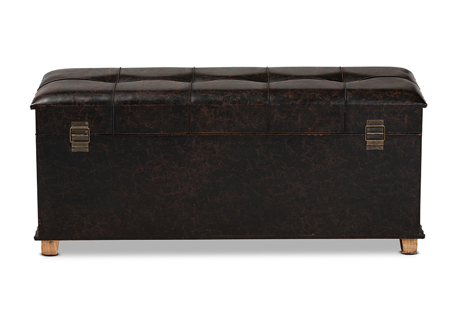 Baxton Studio Janna Rustic Transitional Dark Brown Faux Leather Upholstered and Oak Brown Finished Wood Storage Ottoman