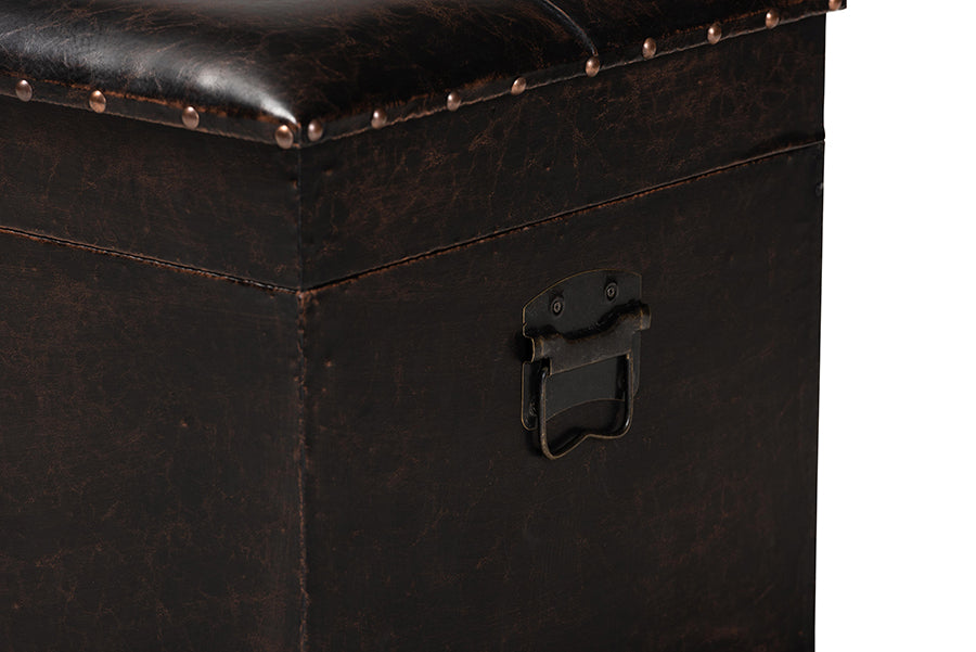 Baxton Studio Janna Rustic Transitional Dark Brown Faux Leather Upholstered and Oak Brown Finished Wood Storage Ottoman