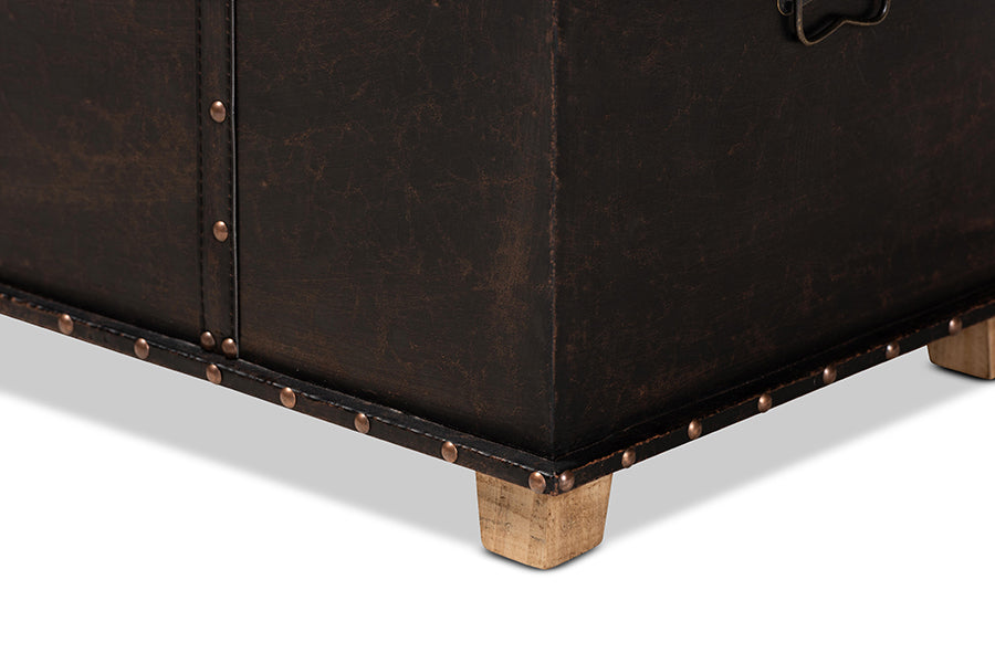 Baxton Studio Janna Rustic Transitional Dark Brown Faux Leather Upholstered and Oak Brown Finished Wood Storage Ottoman