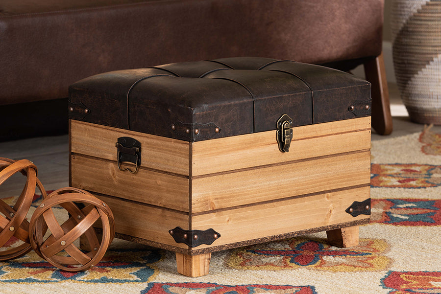Baxton Studio Edmund Rustic Transitional Dark Brown Faux Leather Upholstered and Oak Brown Finished Wood Storage Ottoman