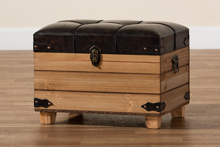 Baxton Studio Edmund Rustic Transitional Dark Brown Faux Leather Upholstered and Oak Brown Finished Wood Storage Ottoman