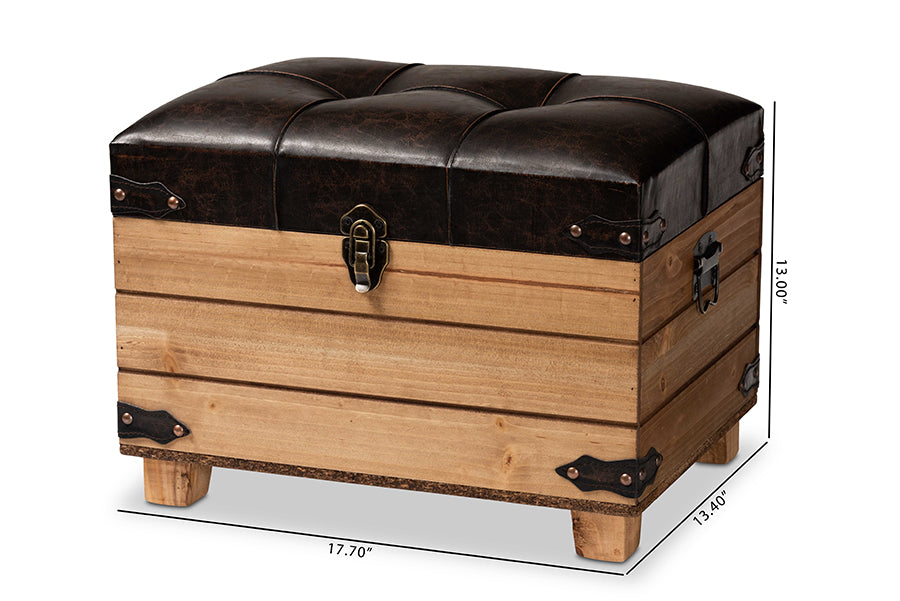 Baxton Studio Edmund Rustic Transitional Dark Brown Faux Leather Upholstered and Oak Brown Finished Wood Storage Ottoman