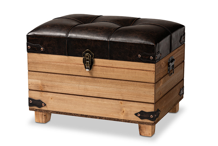 Baxton Studio Edmund Rustic Transitional Dark Brown Faux Leather Upholstered and Oak Brown Finished Wood Storage Ottoman