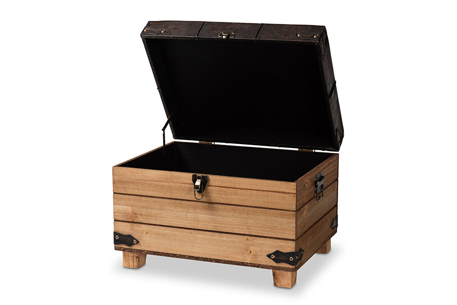 Baxton Studio Edmund Rustic Transitional Dark Brown Faux Leather Upholstered and Oak Brown Finished Wood Storage Ottoman