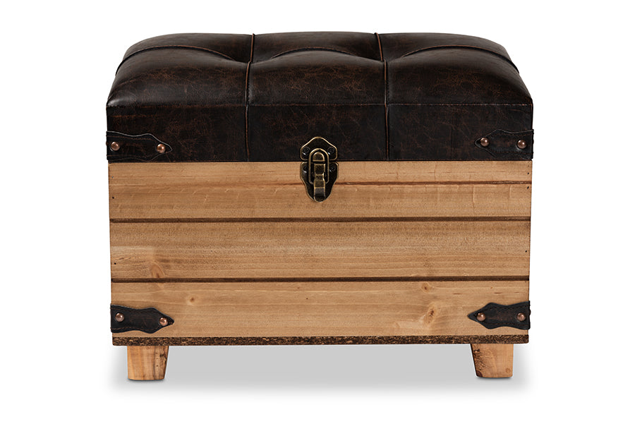 Baxton Studio Edmund Rustic Transitional Dark Brown Faux Leather Upholstered and Oak Brown Finished Wood Storage Ottoman