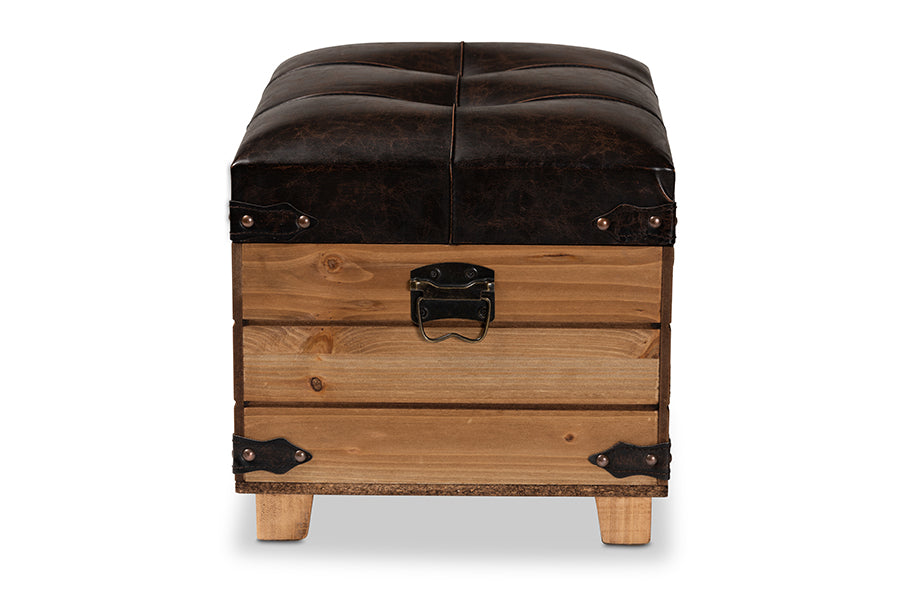 Baxton Studio Edmund Rustic Transitional Dark Brown Faux Leather Upholstered and Oak Brown Finished Wood Storage Ottoman