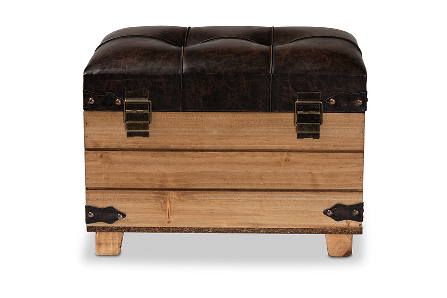 Baxton Studio Edmund Rustic Transitional Dark Brown Faux Leather Upholstered and Oak Brown Finished Wood Storage Ottoman