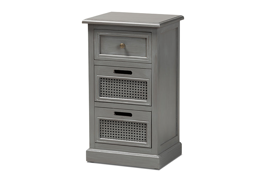 Baxton Studio Sheldon Modern and Contemporary Vintage Grey Finished Wood and Synthetic Rattan 3-Drawer End Table